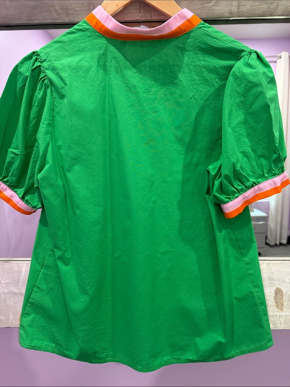 Women’s Green Puff Sleeve Top with Pink & Orange Trim - Picture 2 of 3